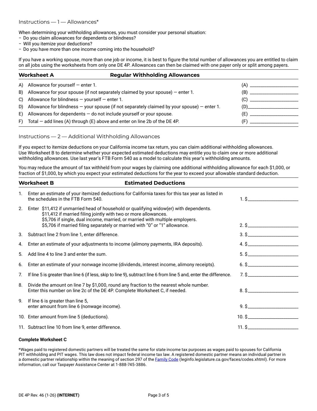 Form DE 4P (2026) Withholding Certificate for Pension or Annuity Payments — page 3 of 5