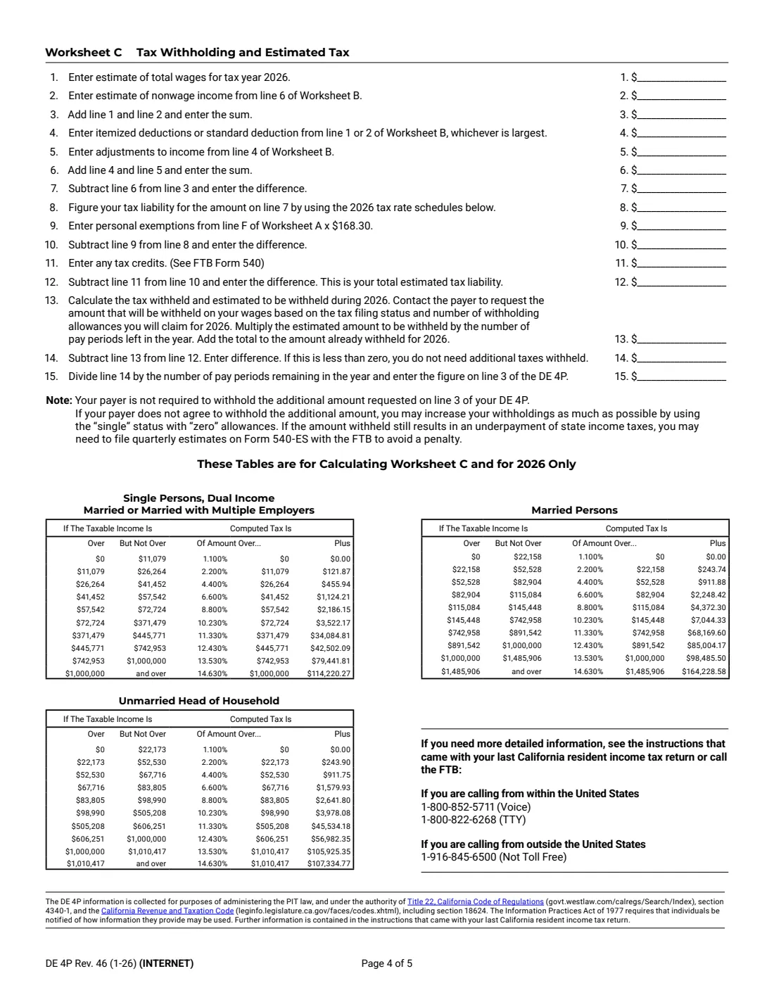 Form DE 4P (2026) Withholding Certificate for Pension or Annuity Payments — page 4 of 5