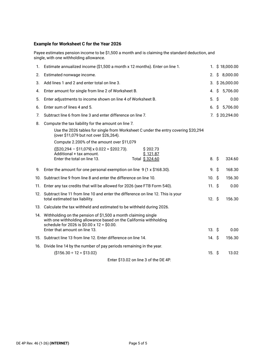 Form DE 4P (2026) Withholding Certificate for Pension or Annuity Payments — page 5 of 5