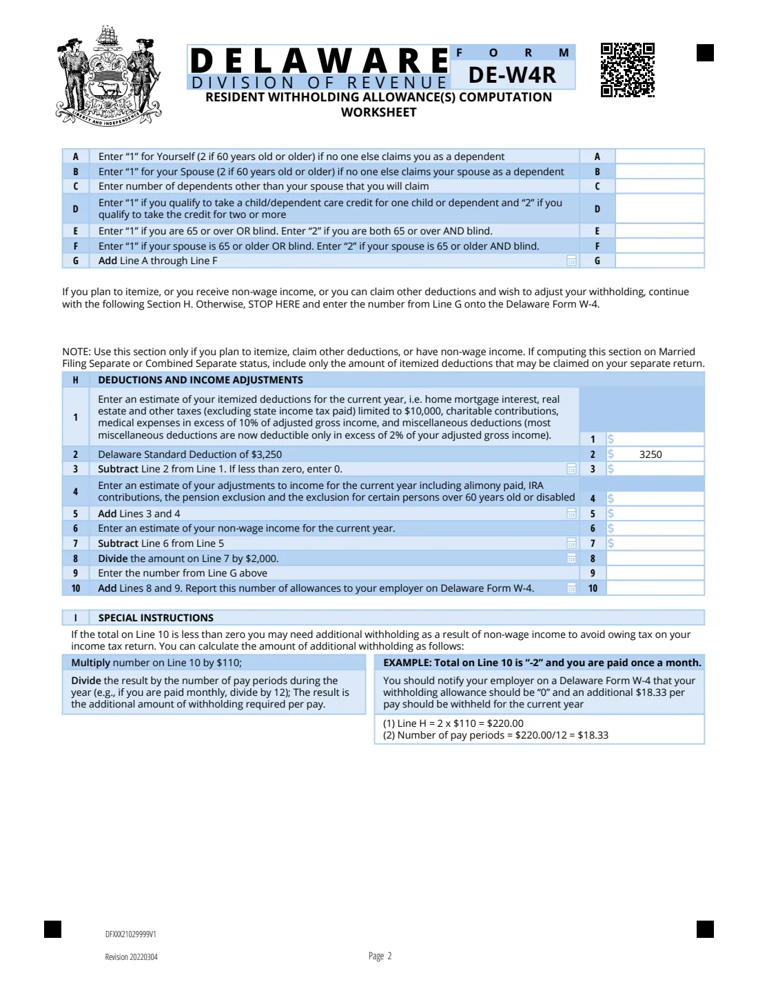 Delaware Form DE-W4 (2022) Employee's Withholding Allowance Certificate (Delaware) — page 2 of 3