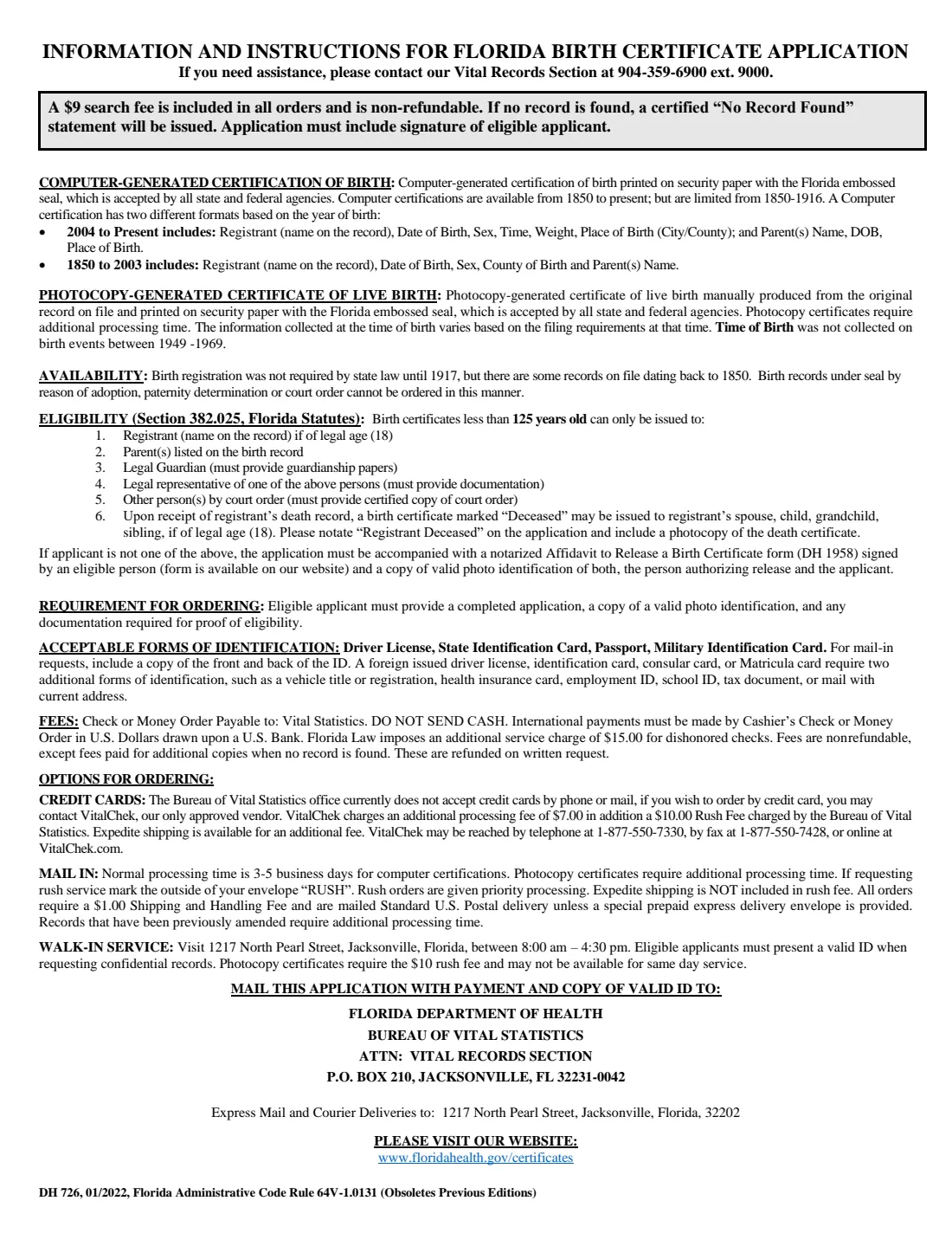 DH 726 (2022) Application for Florida Birth Certificate — page 2 of 2