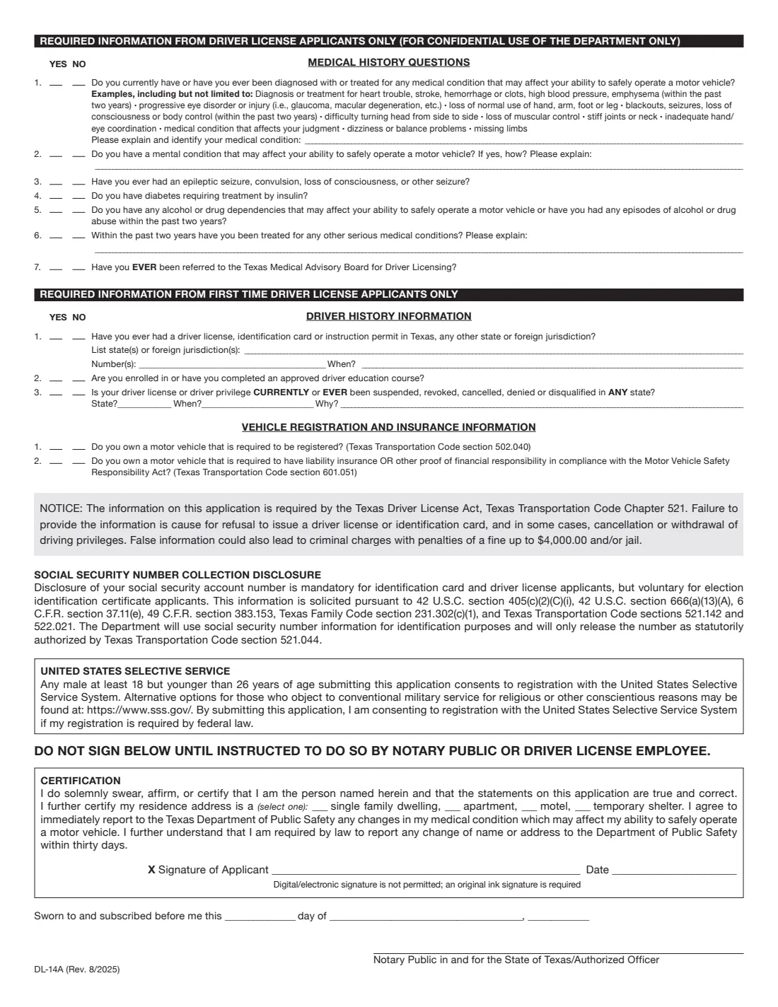 Form DL-14A (2025) Texas Driver License or Identification Card Application — page 2 of 2