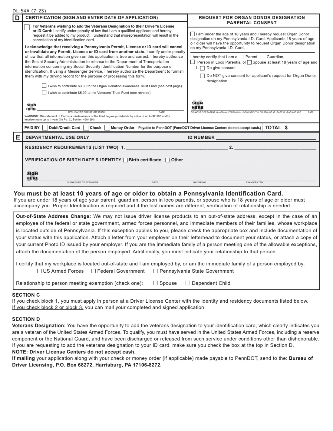 Form DL-54A (2025) Application for Initial Identification Card (Pennsylvania) — page 2 of 3
