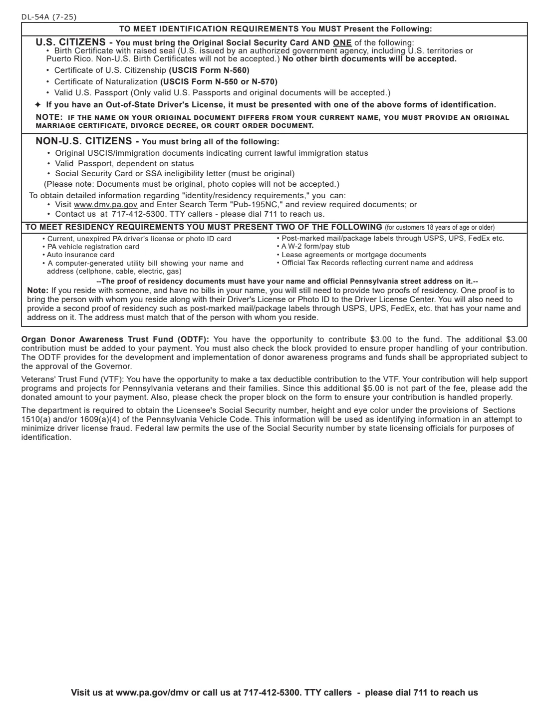 Form DL-54A (2025) Application for Initial Identification Card (Pennsylvania) — page 3 of 3