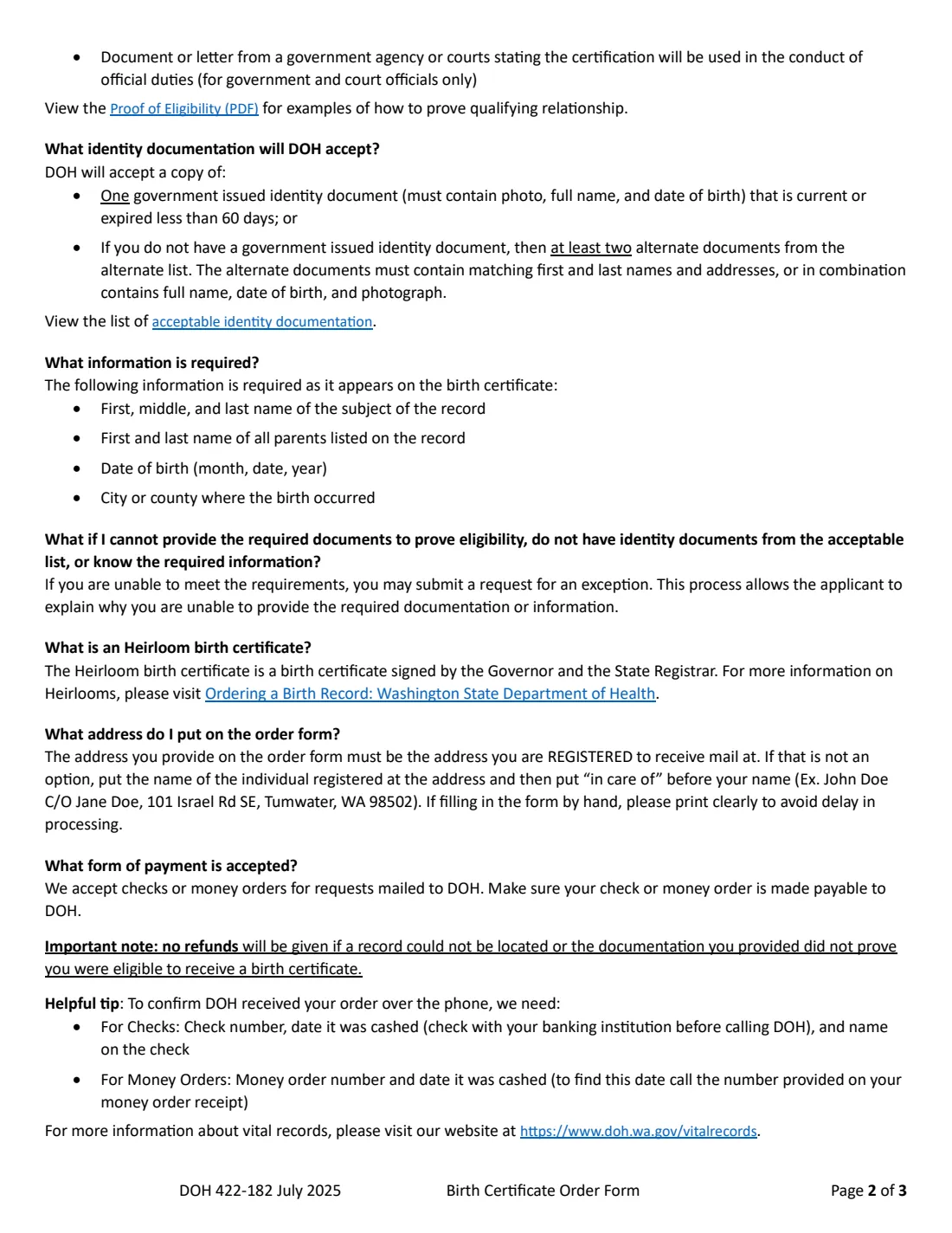 DOH 422-182 (2025) Birth Certificate Mail Order Form (Washington State) — page 2 of 3
