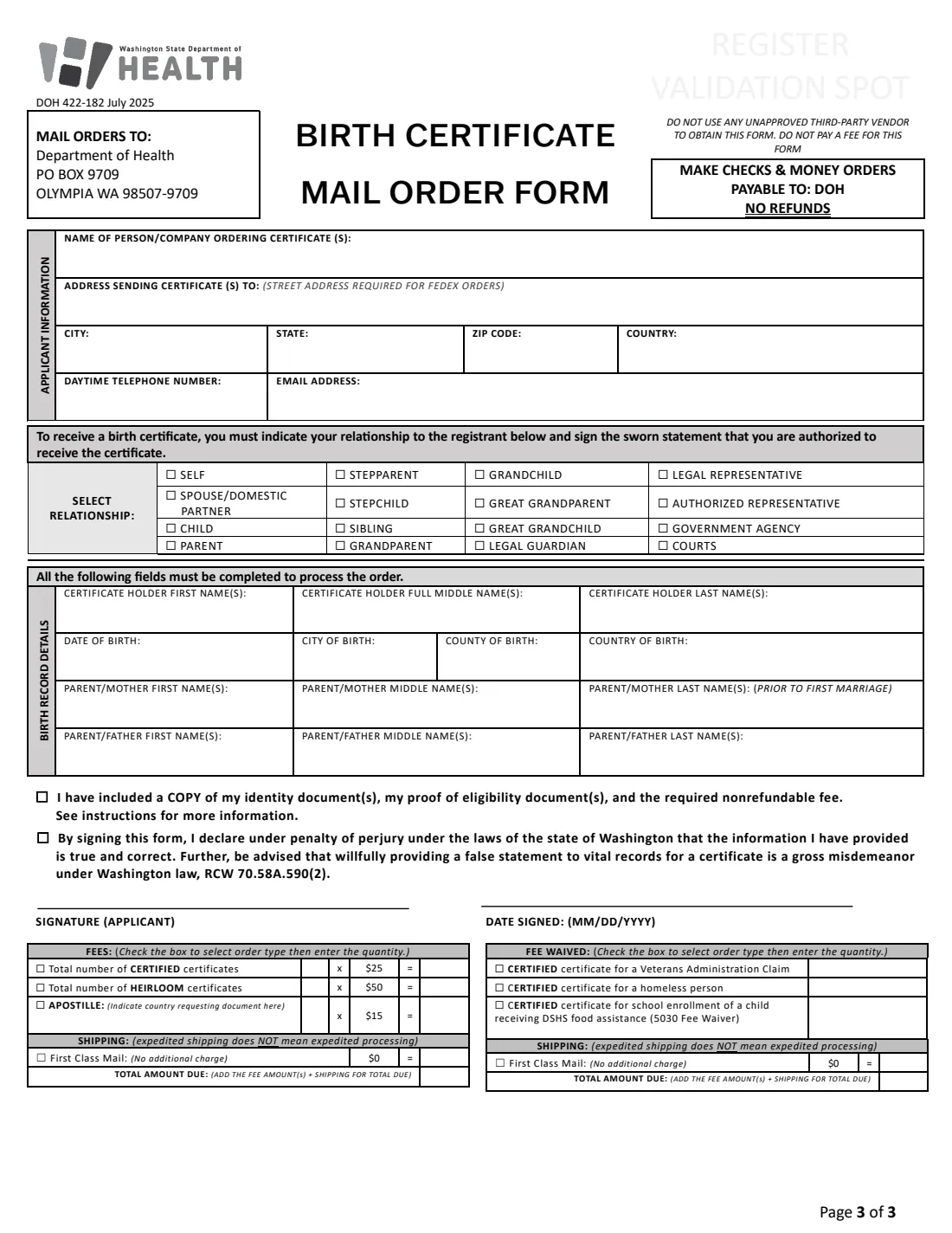 DOH 422-182 (2025) Birth Certificate Mail Order Form (Washington State) — page 3 of 3