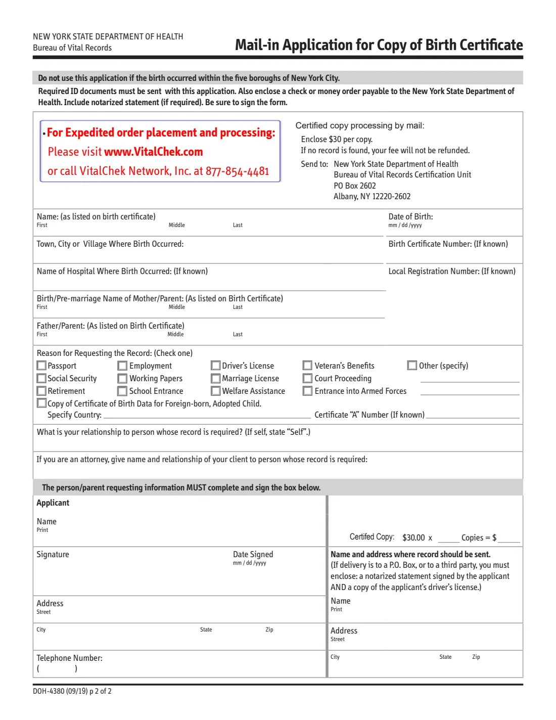 Form DOH-4380 (2019) Mail-in Application for Copy of Birth Certificate (New York State, outside NYC) — page 2 of 2