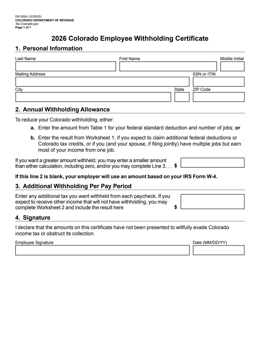 Form DR 0004 (2026) Colorado Employee Withholding Certificate — page 2 of 5