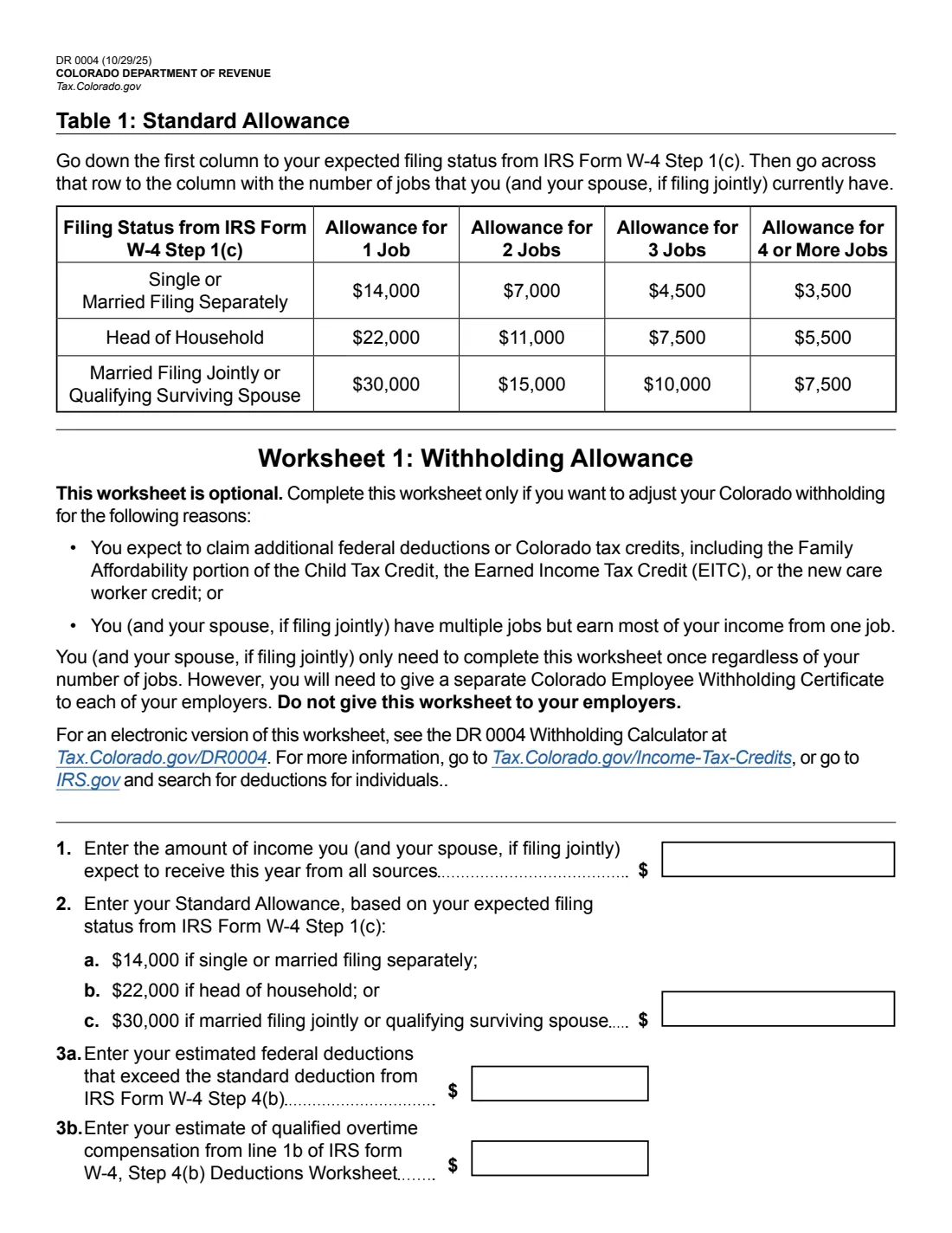 Form DR 0004 (2026) Colorado Employee Withholding Certificate — page 3 of 5