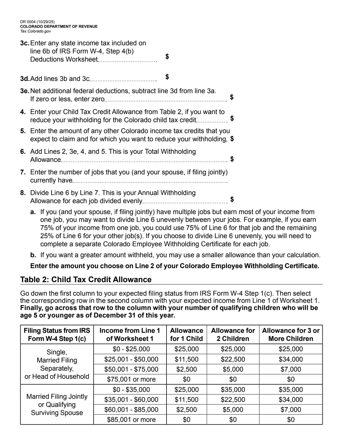 Form DR 0004 (2026) Colorado Employee Withholding Certificate — page 4 of 5
