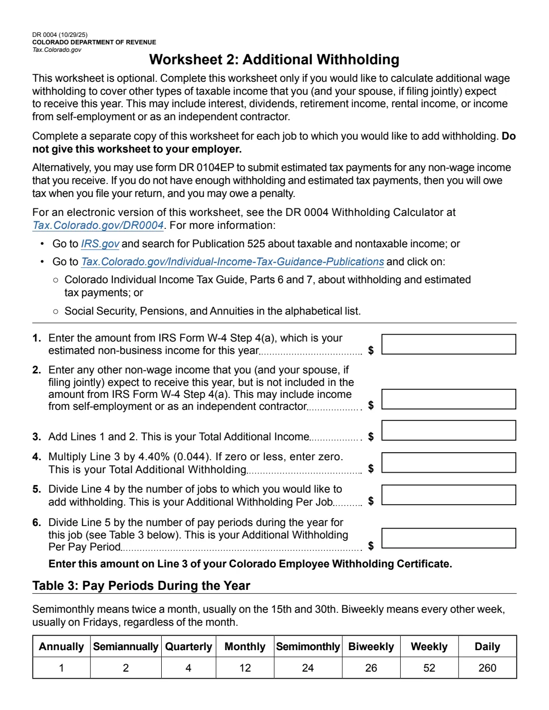 Form DR 0004 (2026) Colorado Employee Withholding Certificate — page 5 of 5