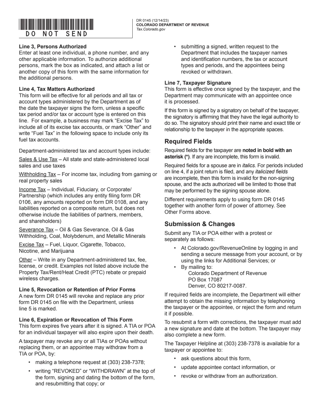 Colorado Form DR 0145 (2023) Colorado Tax Information Authorization or Power of Attorney — page 2 of 3