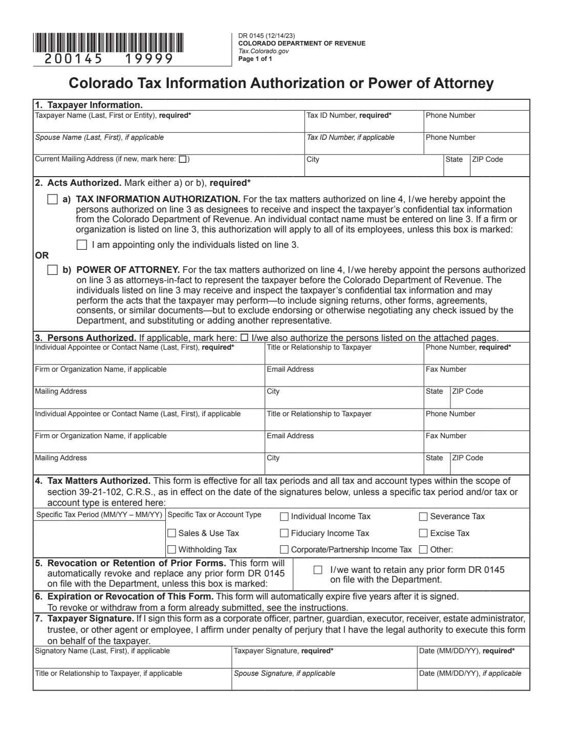 Colorado Form DR 0145 (2023) Colorado Tax Information Authorization or Power of Attorney — page 3 of 3