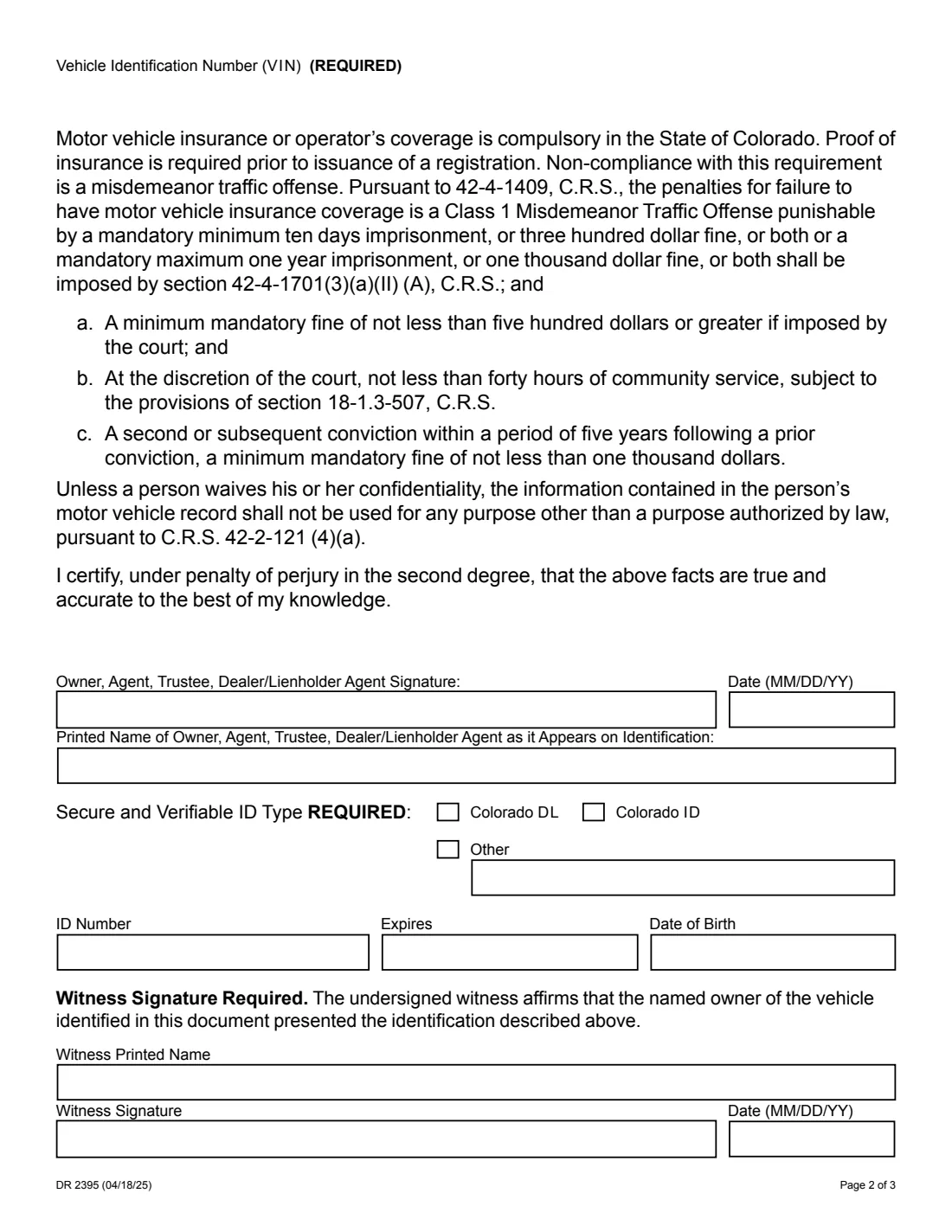 Colorado DR 2395 (2025) Application for Title and/or Registration (Colorado) — page 2 of 3