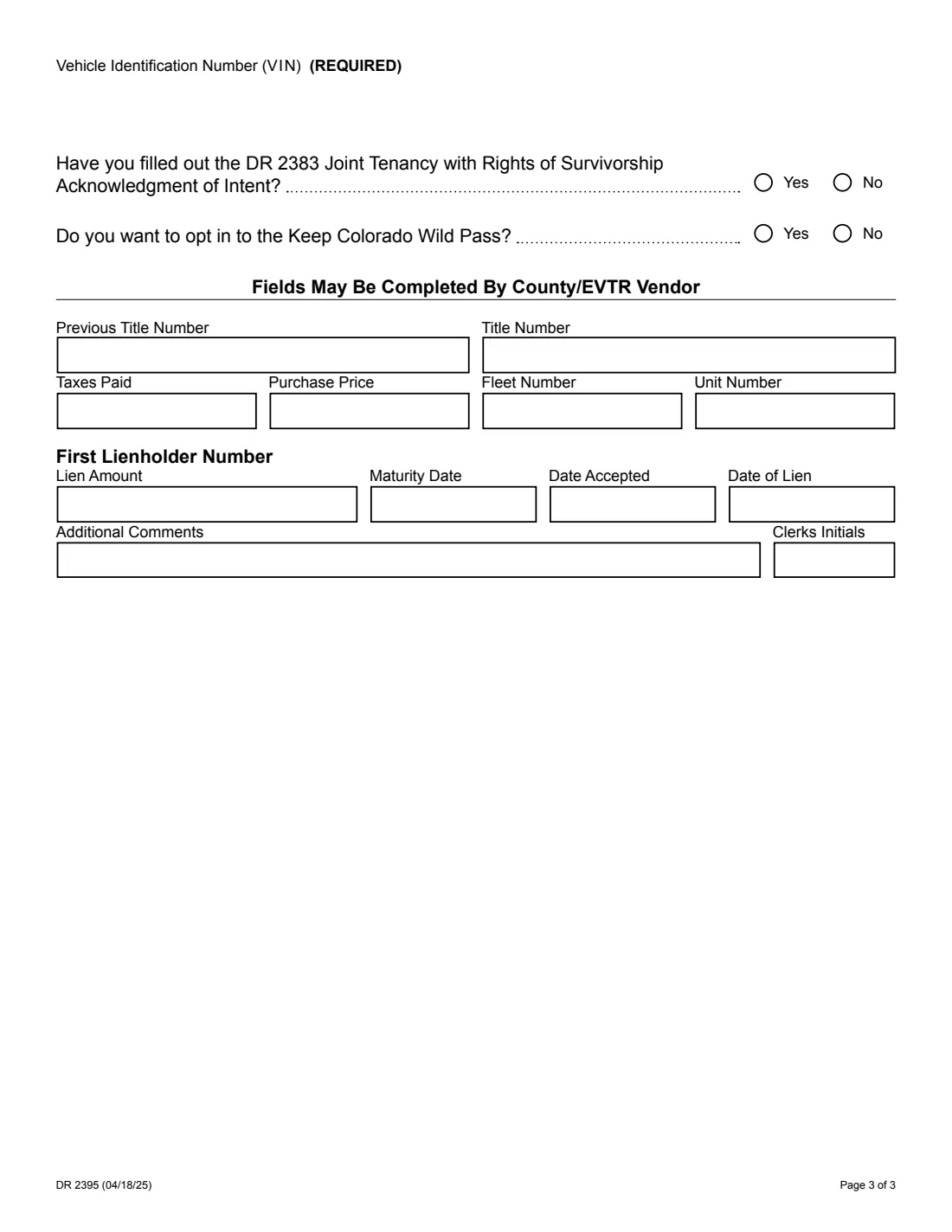 Colorado DR 2395 (2025) Application for Title and/or Registration (Colorado) — page 3 of 3