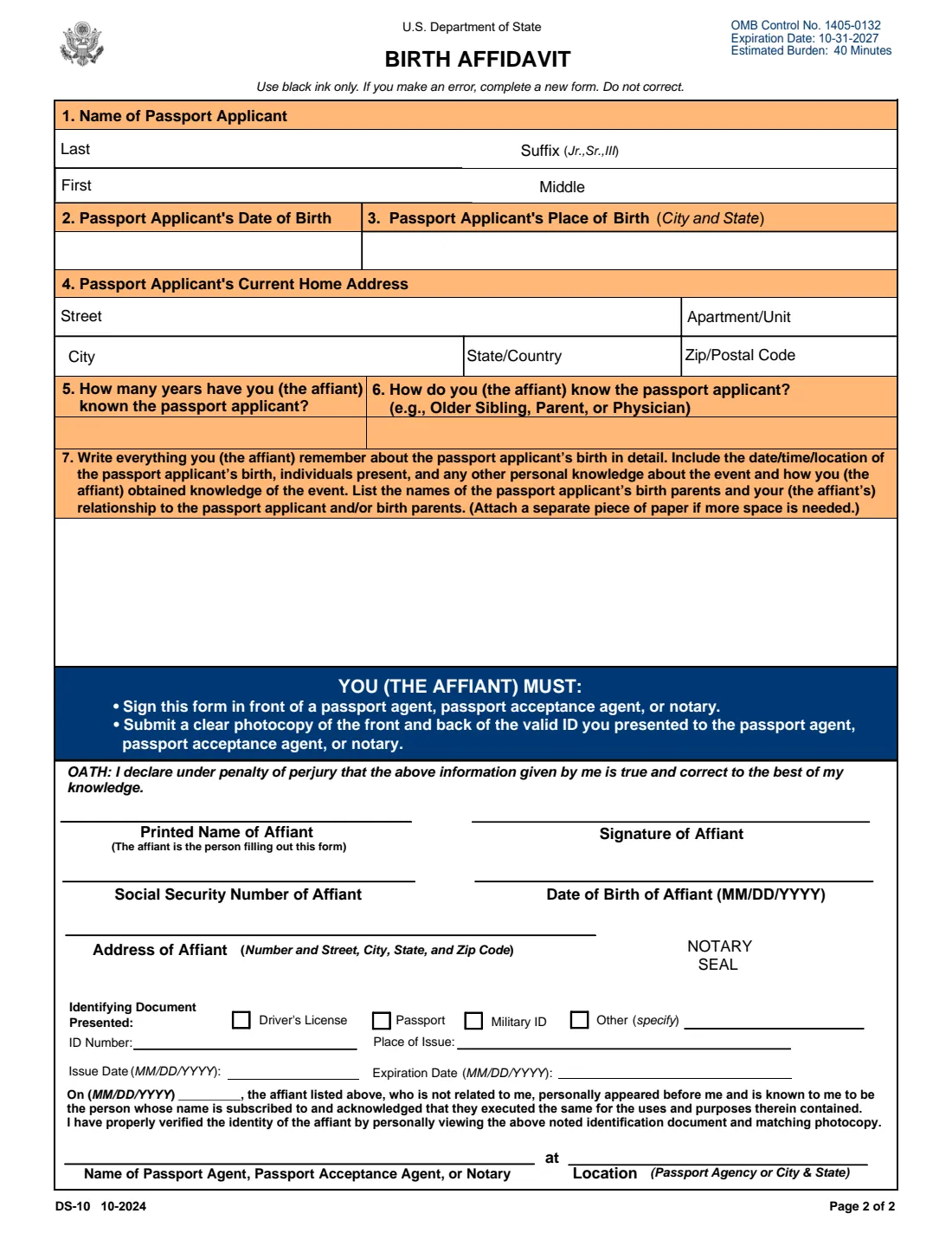 Form DS-10 (2024) Birth Affidavit — page 2 of 2