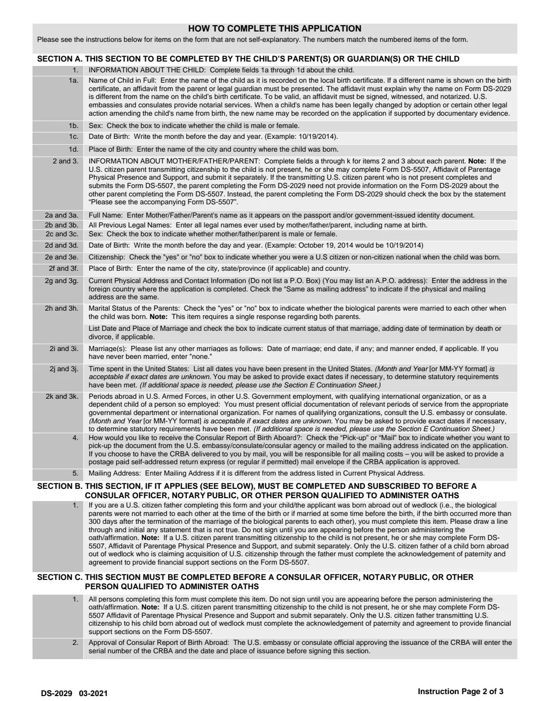 Form DS-2029 (2021) Application for Consular Report of Birth Abroad of a Citizen of the United States of America — page 2 of 8