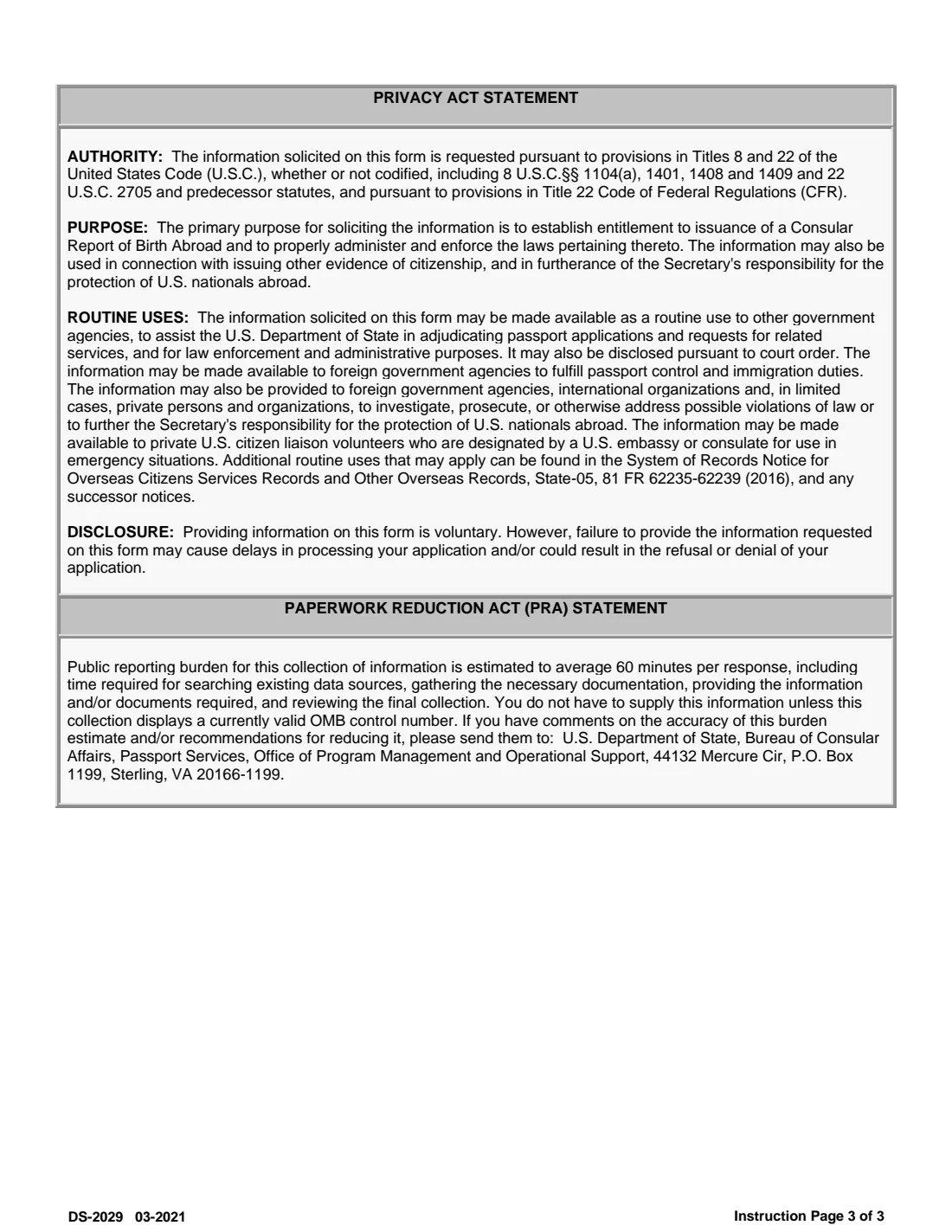 Form DS-2029 (2021) Application for Consular Report of Birth Abroad of a Citizen of the United States of America — page 3 of 8