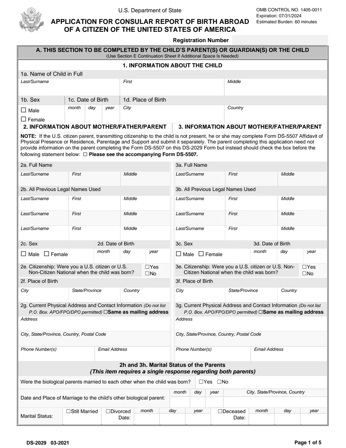 Form DS-2029 (2021) Application for Consular Report of Birth Abroad of a Citizen of the United States of America — page 4 of 8