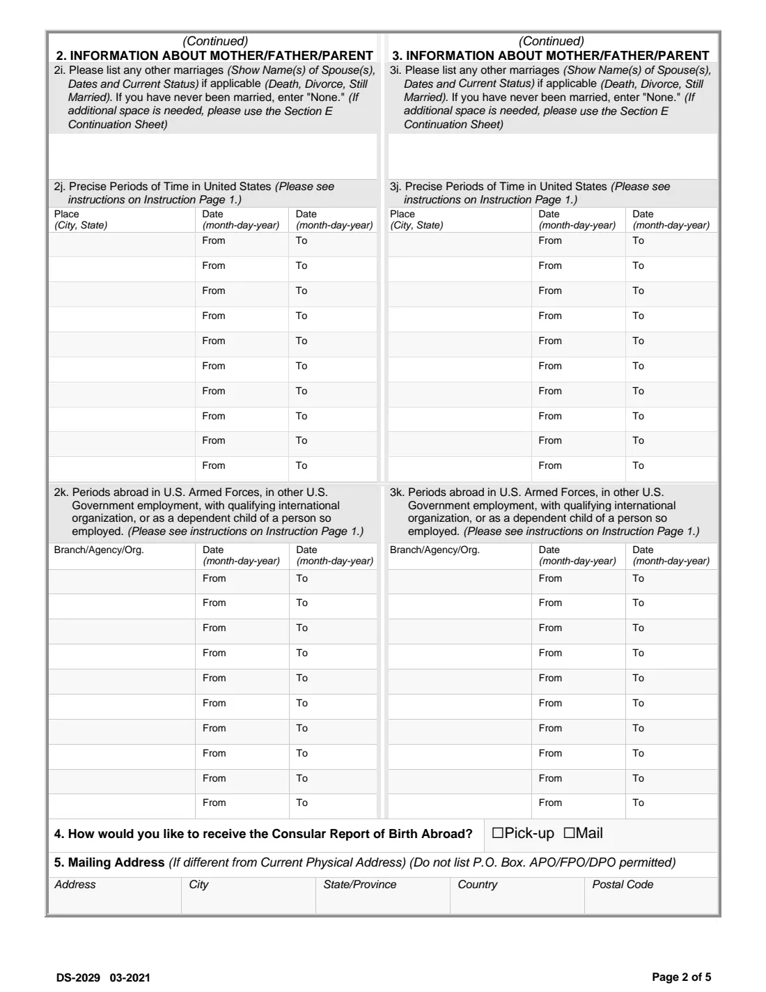 Form DS-2029 (2021) Application for Consular Report of Birth Abroad of a Citizen of the United States of America — page 5 of 8
