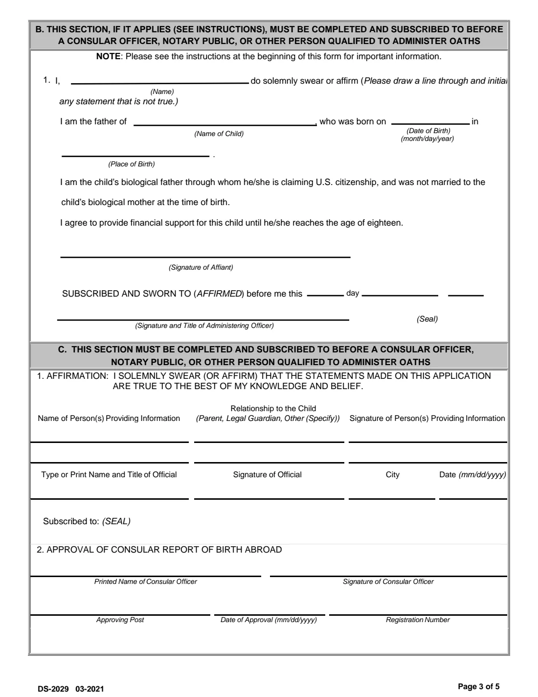 Form DS-2029 (2021) Application for Consular Report of Birth Abroad of a Citizen of the United States of America — page 6 of 8