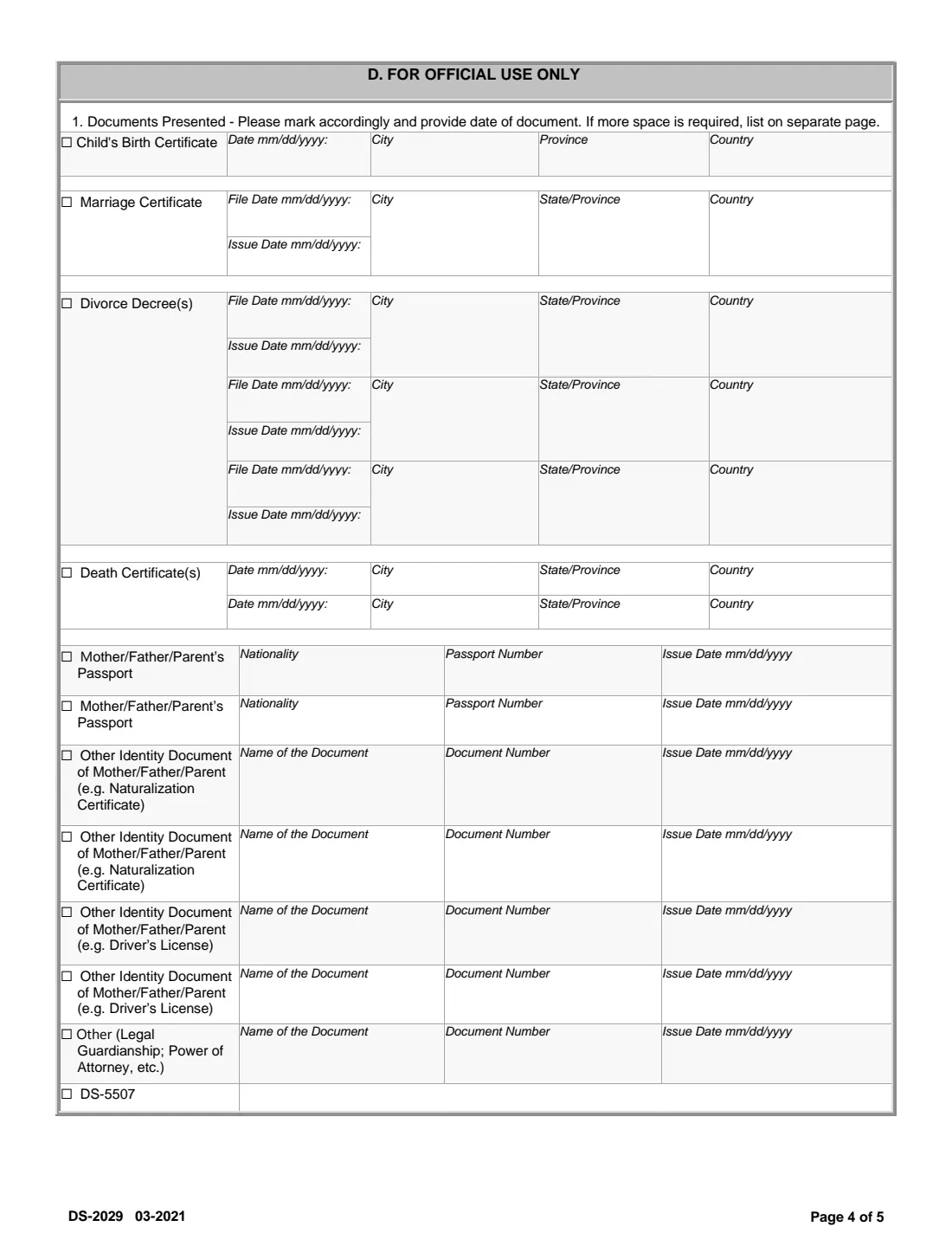 Form DS-2029 (2021) Application for Consular Report of Birth Abroad of a Citizen of the United States of America — page 7 of 8