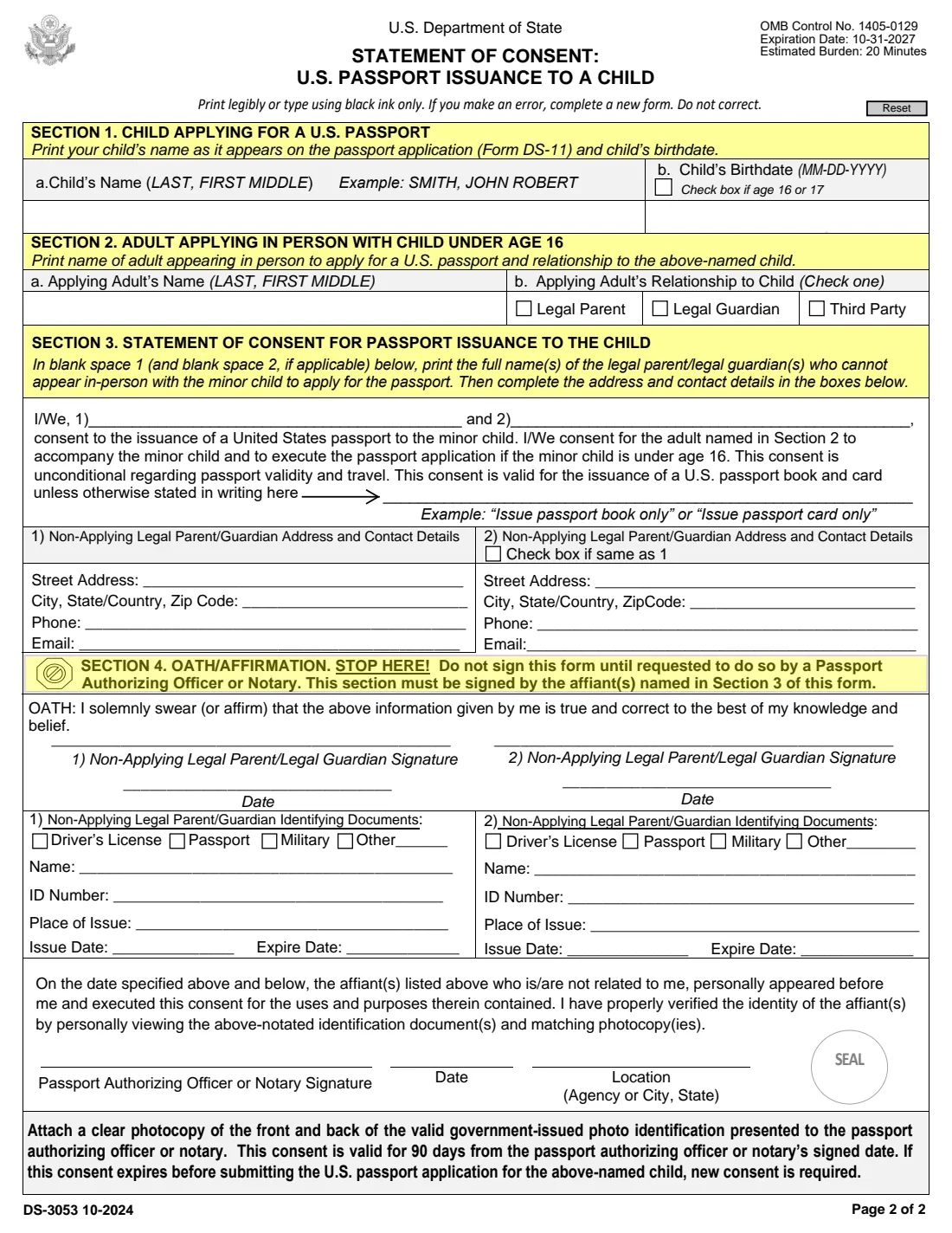 Form DS-3053 (2024) Statement of Consent: U.S. Passport Issuance to a Child — page 2 of 2