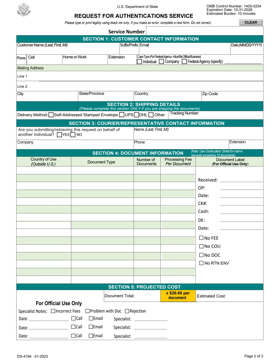 Form DS-4194 (2023) Request for Authentications Service — page 2 of 3