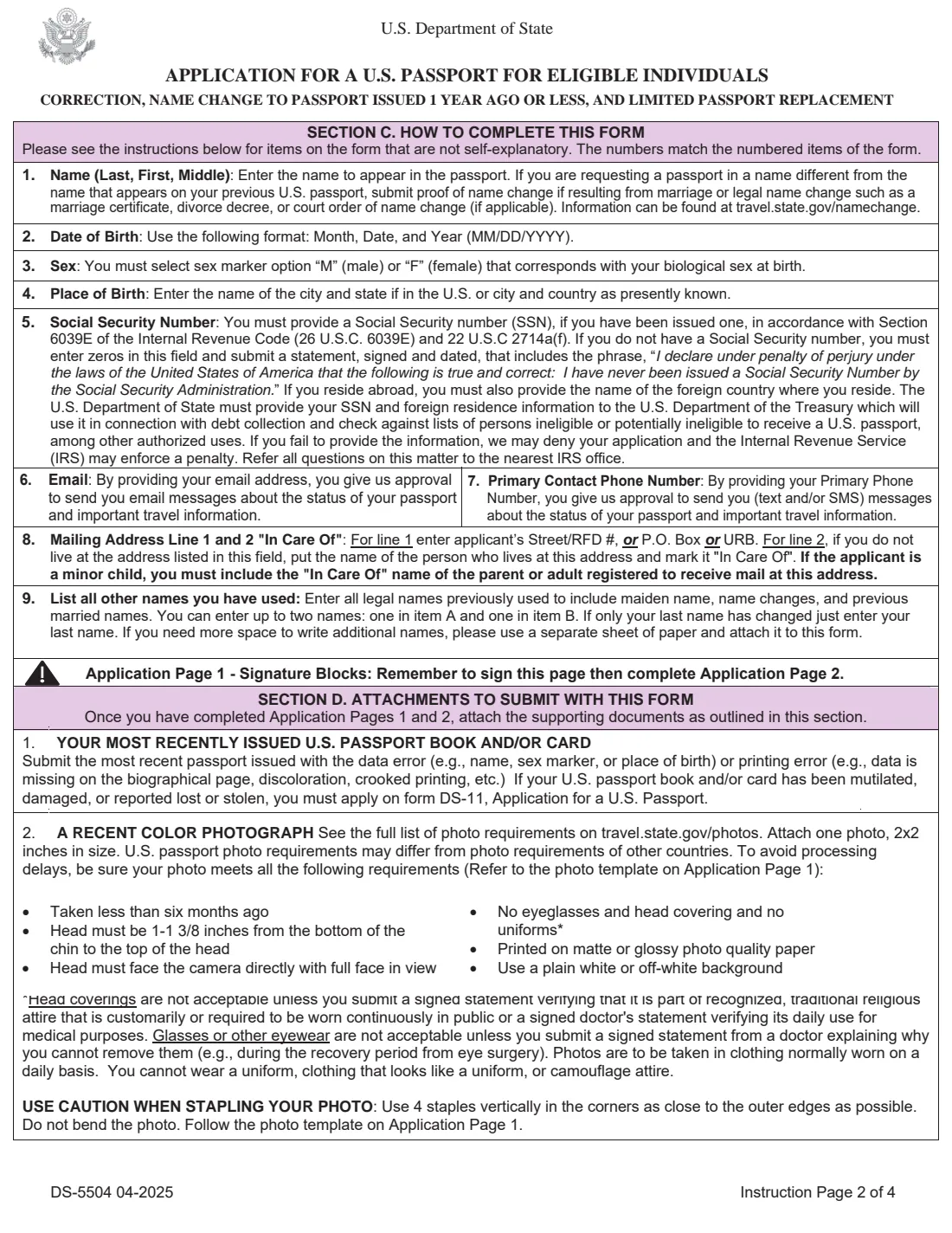 Form DS-5504 (2025) Application for a U.S. Passport for Eligible Individuals: Correction, Name Change to Passport Issued 1 Year Ago or Less, and Limited Passport Replacement — page 2 of 6