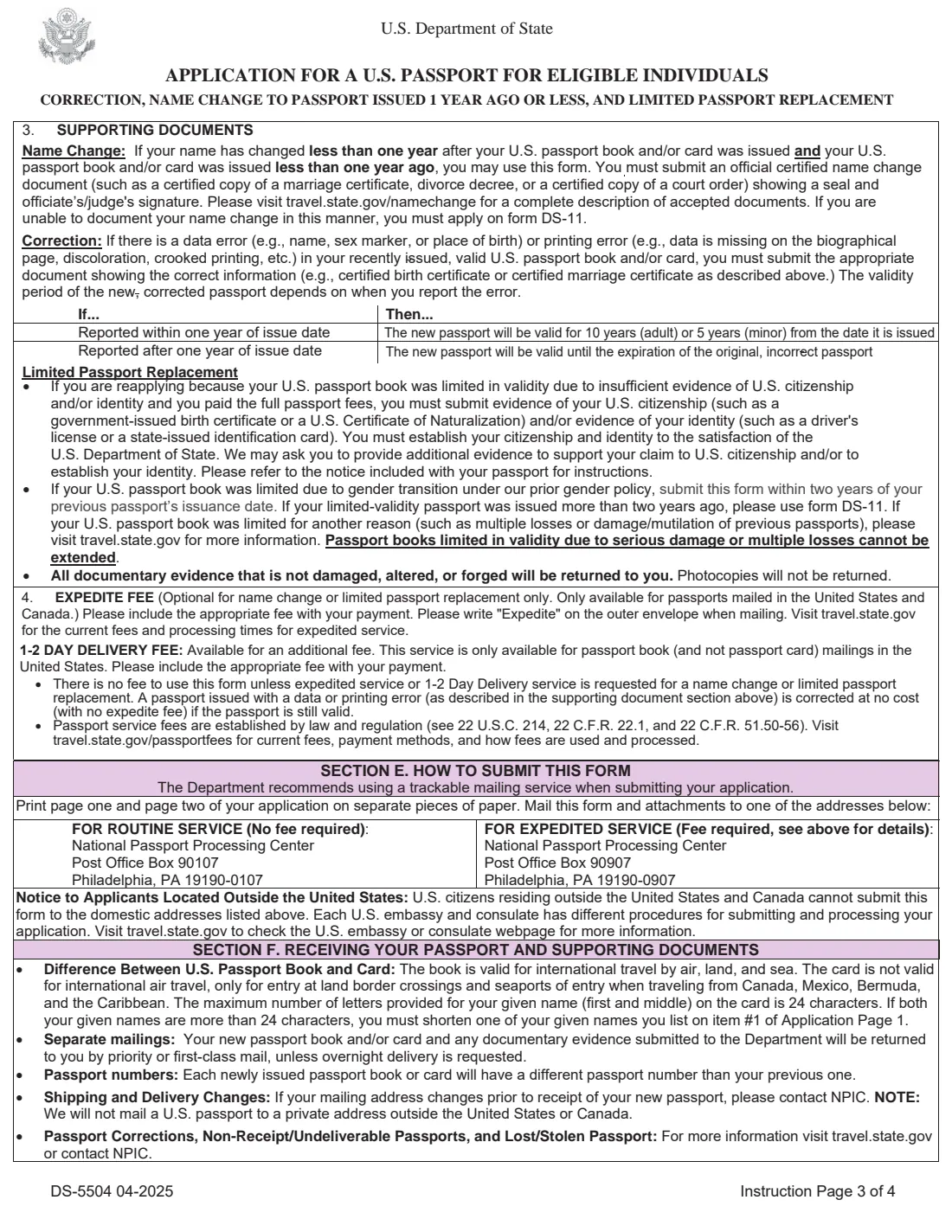 Form DS-5504 (2025) Application for a U.S. Passport for Eligible Individuals: Correction, Name Change to Passport Issued 1 Year Ago or Less, and Limited Passport Replacement — page 3 of 6