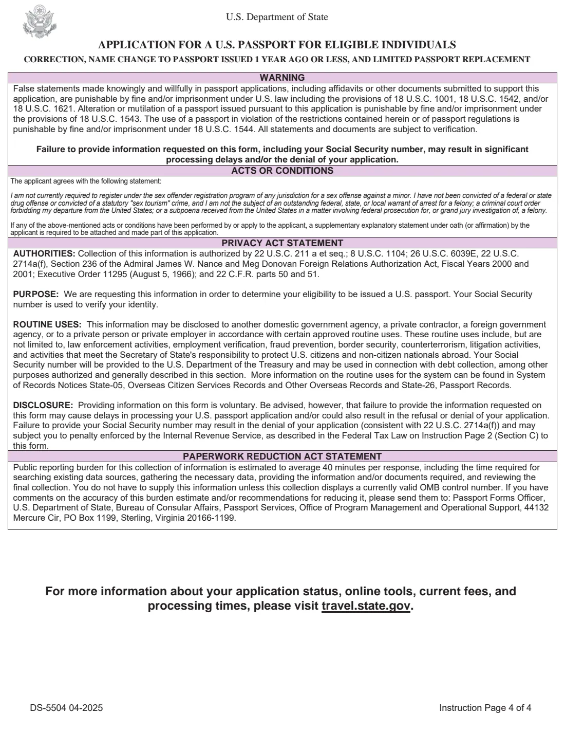 Form DS-5504 (2025) Application for a U.S. Passport for Eligible Individuals: Correction, Name Change to Passport Issued 1 Year Ago or Less, and Limited Passport Replacement — page 4 of 6