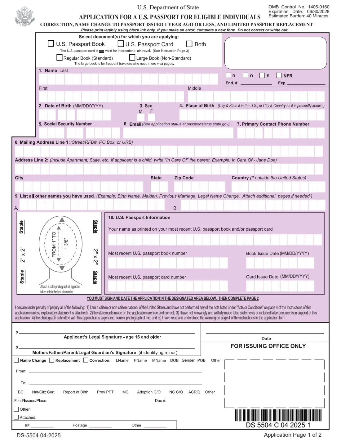 Form DS-5504 (2025) Application for a U.S. Passport for Eligible Individuals: Correction, Name Change to Passport Issued 1 Year Ago or Less, and Limited Passport Replacement — page 5 of 6