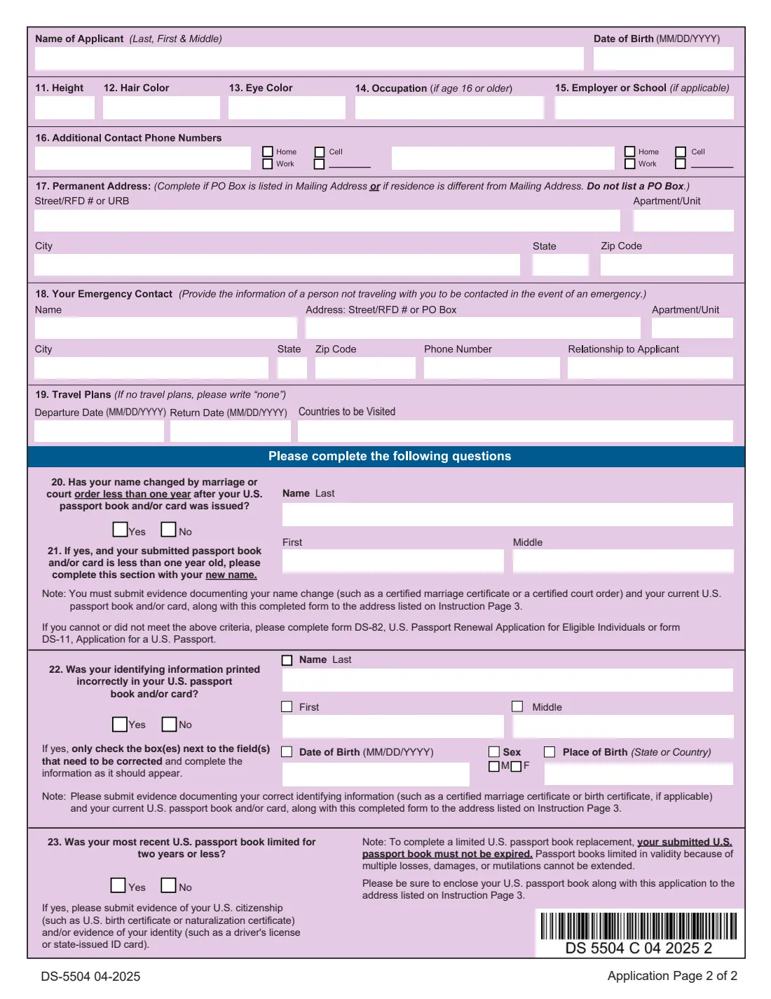 Form DS-5504 (2025) Application for a U.S. Passport for Eligible Individuals: Correction, Name Change to Passport Issued 1 Year Ago or Less, and Limited Passport Replacement — page 6 of 6