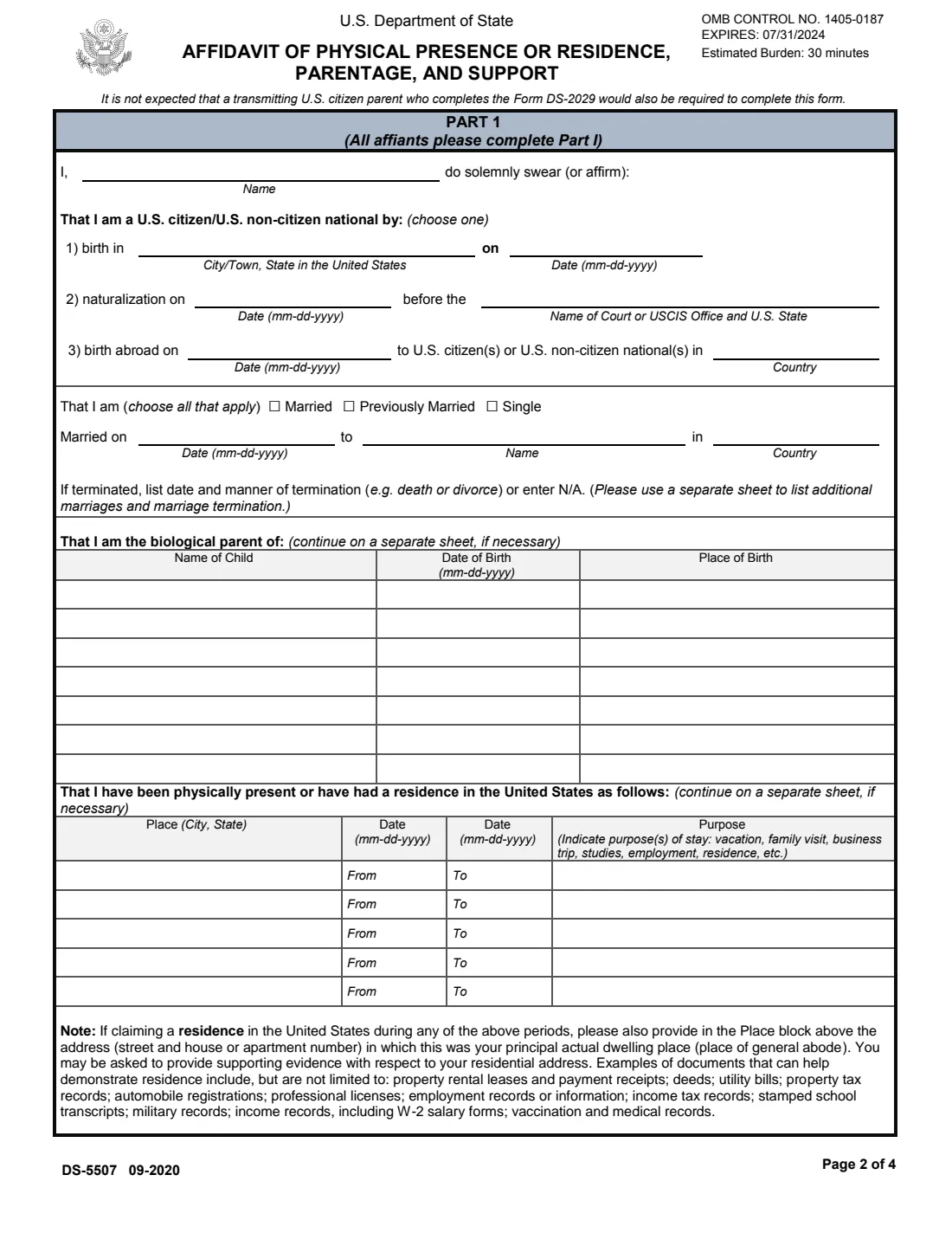 Form DS-5507 (2020) Affidavit of Physical Presence or Residence, Parentage, and Support — page 2 of 4