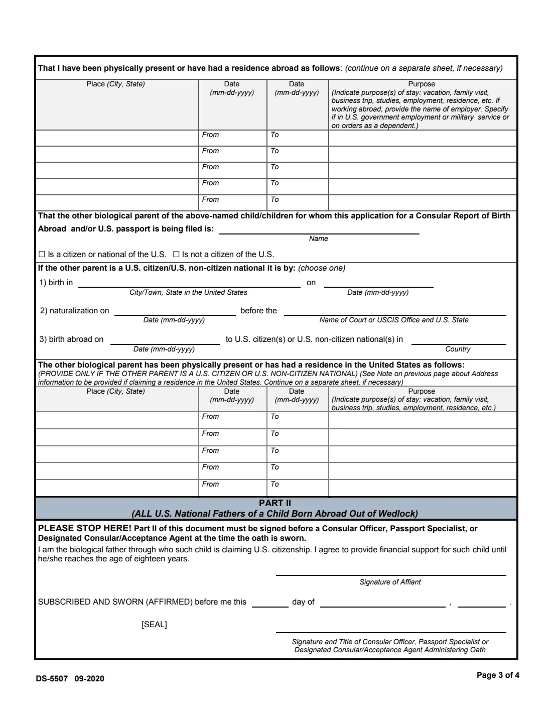 Form DS-5507 (2020) Affidavit of Physical Presence or Residence, Parentage, and Support — page 3 of 4