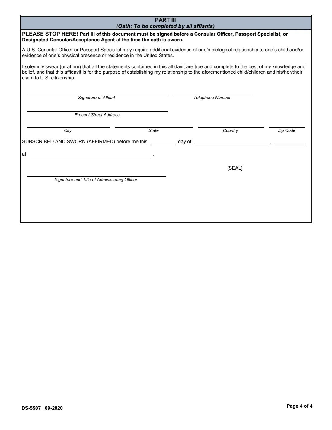 Form DS-5507 (2020) Affidavit of Physical Presence or Residence, Parentage, and Support — page 4 of 4