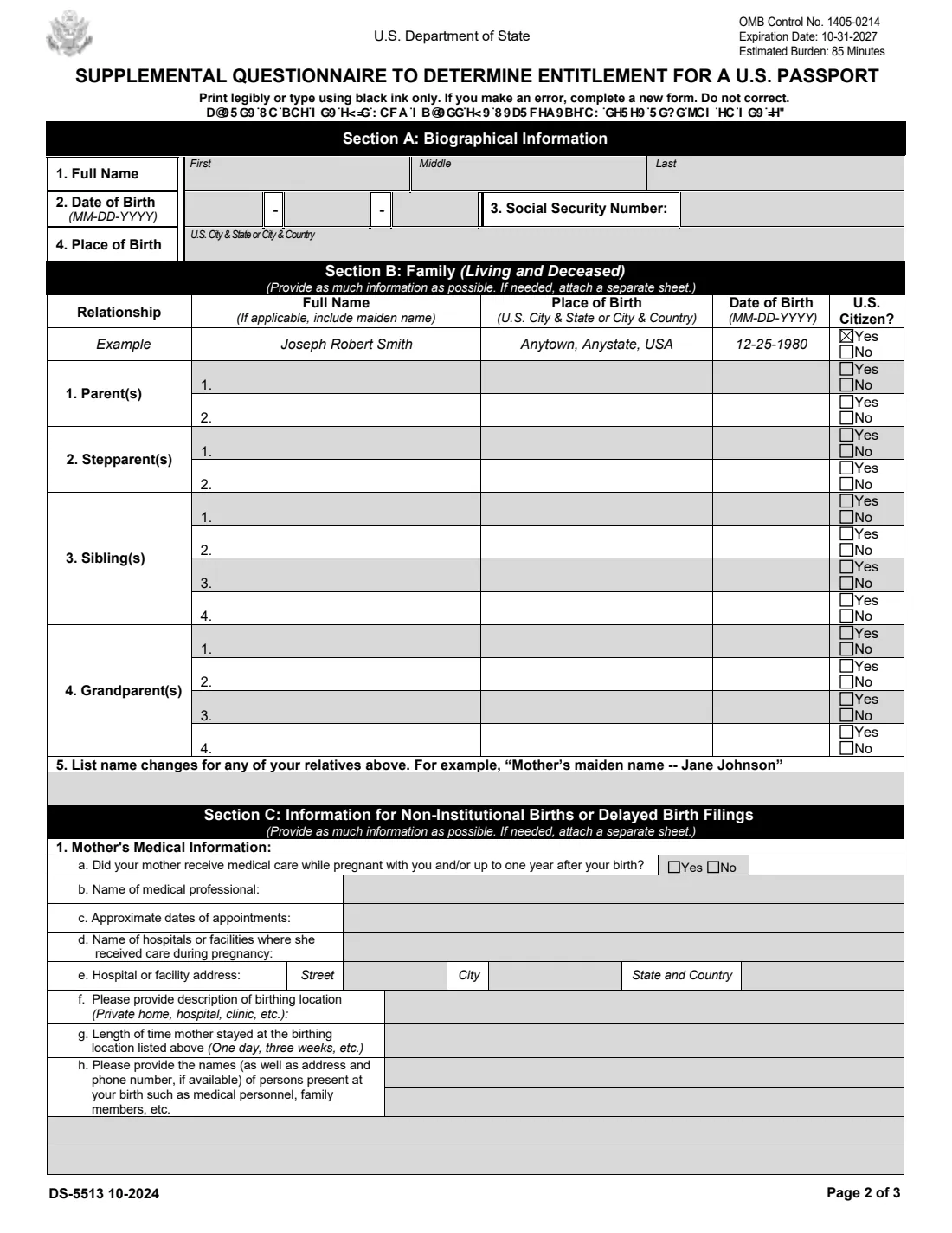 Form DS-5513 (2024) Supplemental Questionnaire to Determine Entitlement for a U.S. Passport — page 2 of 3