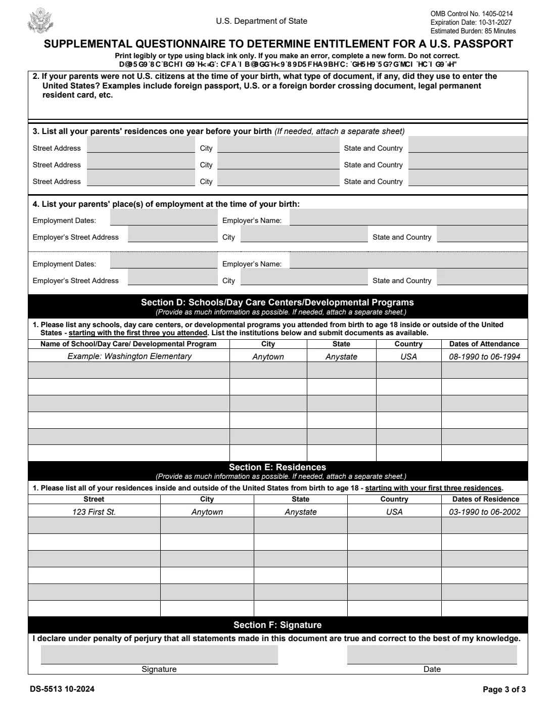 Form DS-5513 (2024) Supplemental Questionnaire to Determine Entitlement for a U.S. Passport — page 3 of 3