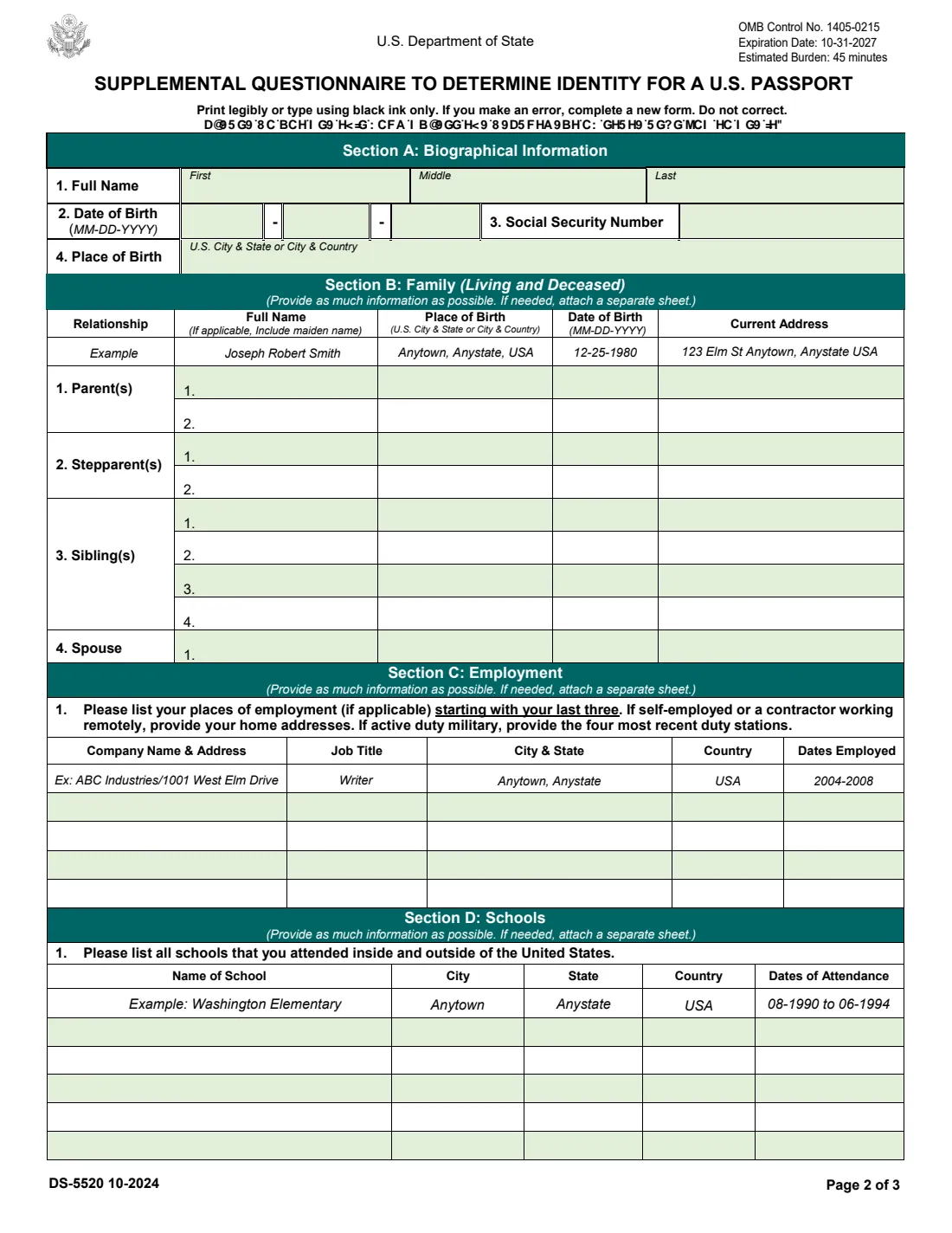 Form DS-5520 (2024) Supplemental Questionnaire to Determine Identity for a U.S. Passport — page 2 of 3