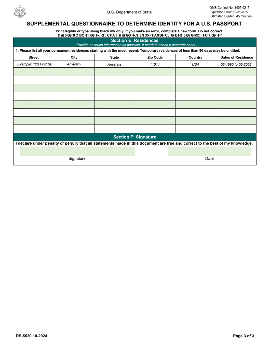 Form DS-5520 (2024) Supplemental Questionnaire to Determine Identity for a U.S. Passport — page 3 of 3