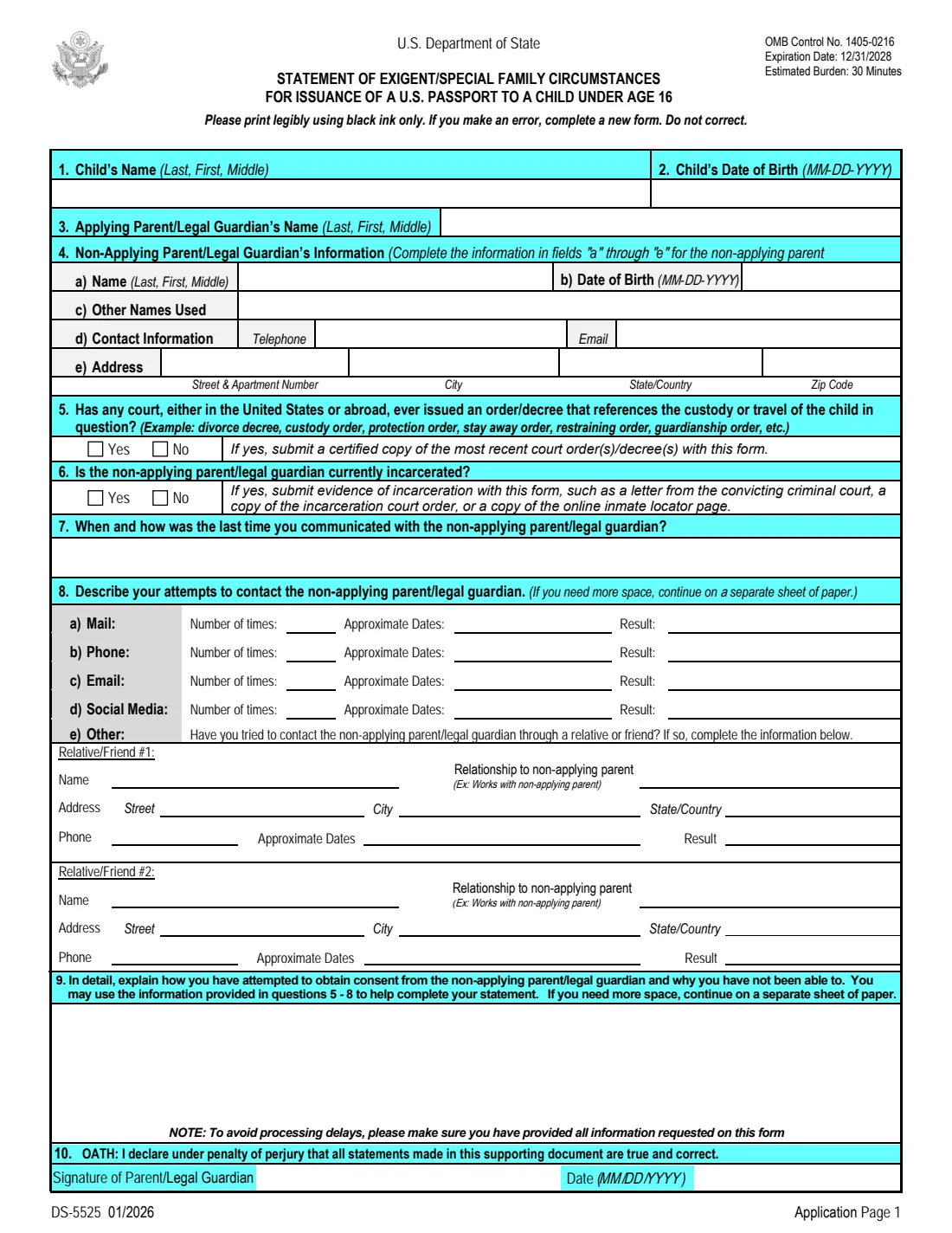 Form DS-5525 (2026) Statement of Exigent/Special Family Circumstances for Issuance of a U.S. Passport to a Child Under Age 16 — page 2 of 2