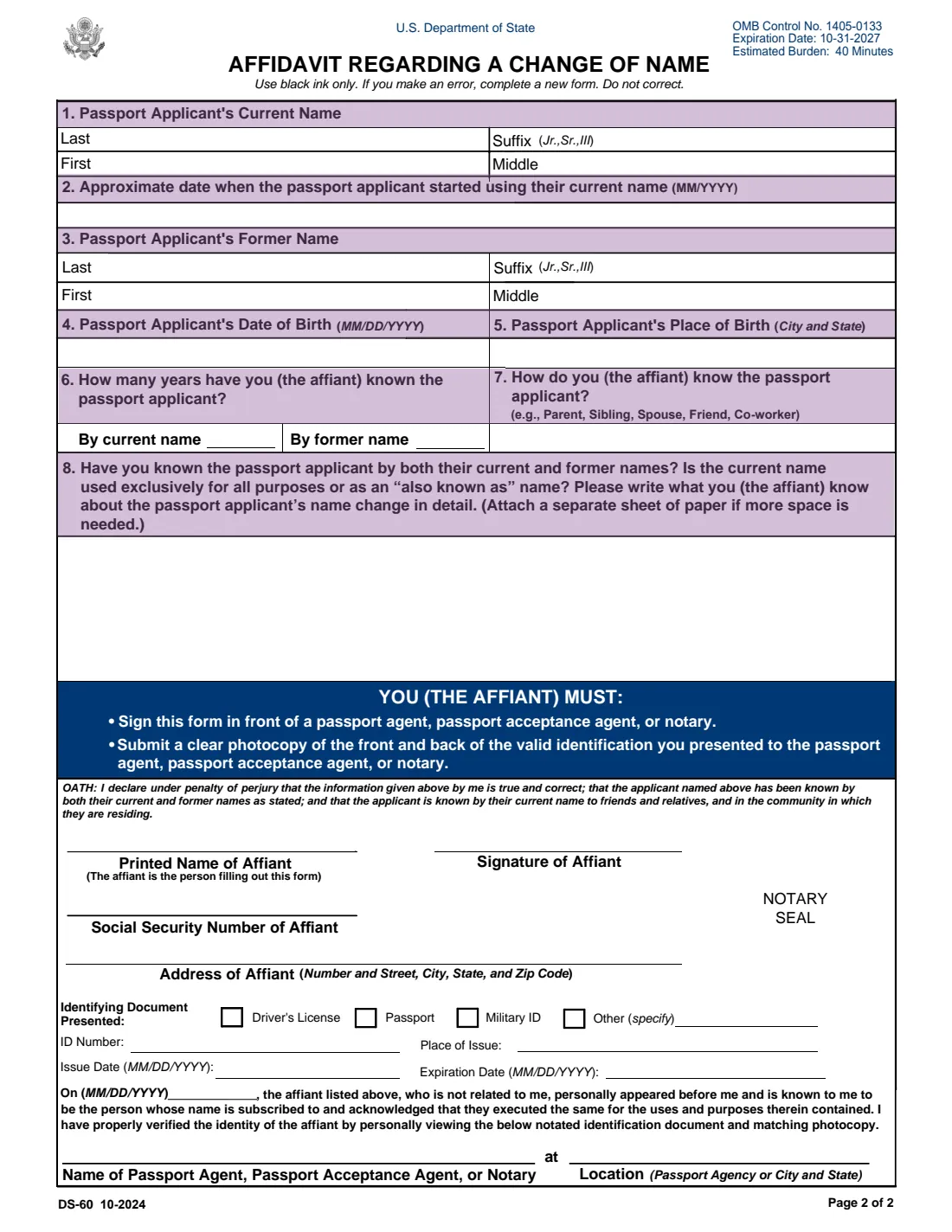 Form DS-60 (2024) Affidavit Regarding a Change of Name — page 2 of 2
