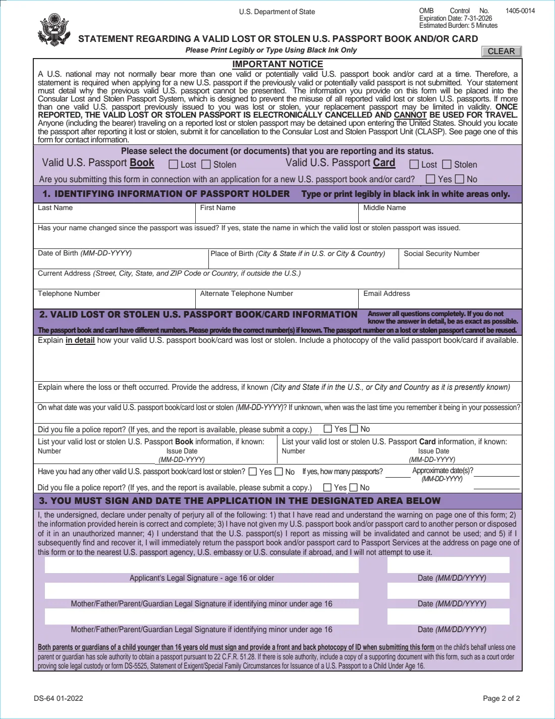 Form DS-64 (2022) Statement Regarding a Lost or Stolen U.S. Passport — page 2 of 2