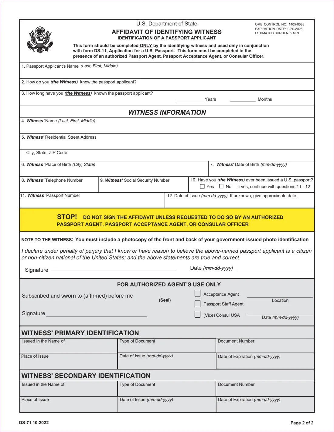 Form DS-71 (2022) Affidavit of Identifying Witness — page 2 of 2