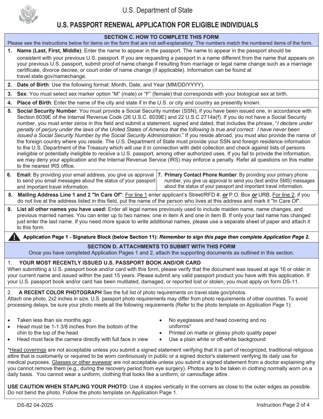 Form DS-82 (2025) U.S. Passport Renewal Application for Eligible Individuals — page 2 of 6