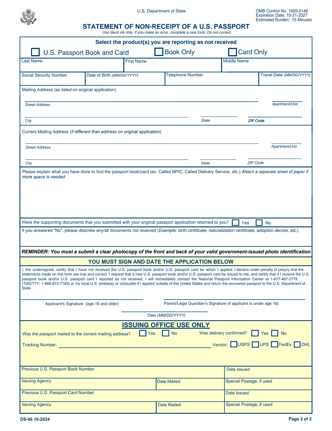 Form DS-86 (2024) Statement of Non-Receipt of a U.S. Passport — page 2 of 2