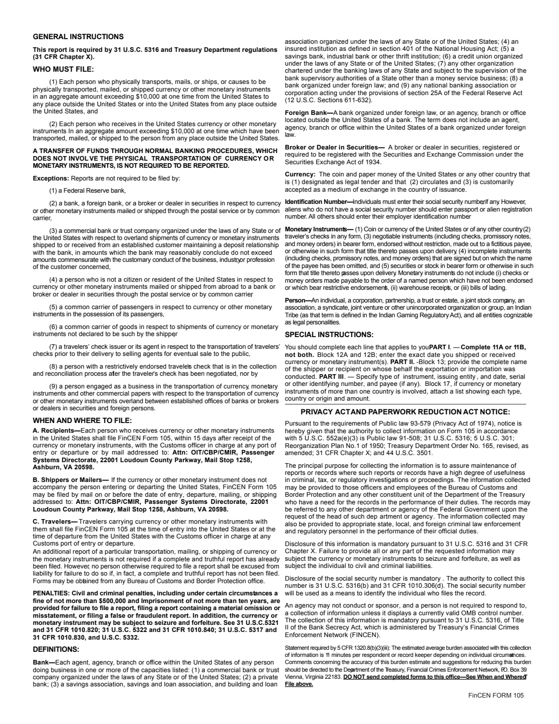 FinCEN Form 105 (2017) Report of International Transportation of Currency or Monetary Instruments (CMIR) — page 2 of 2