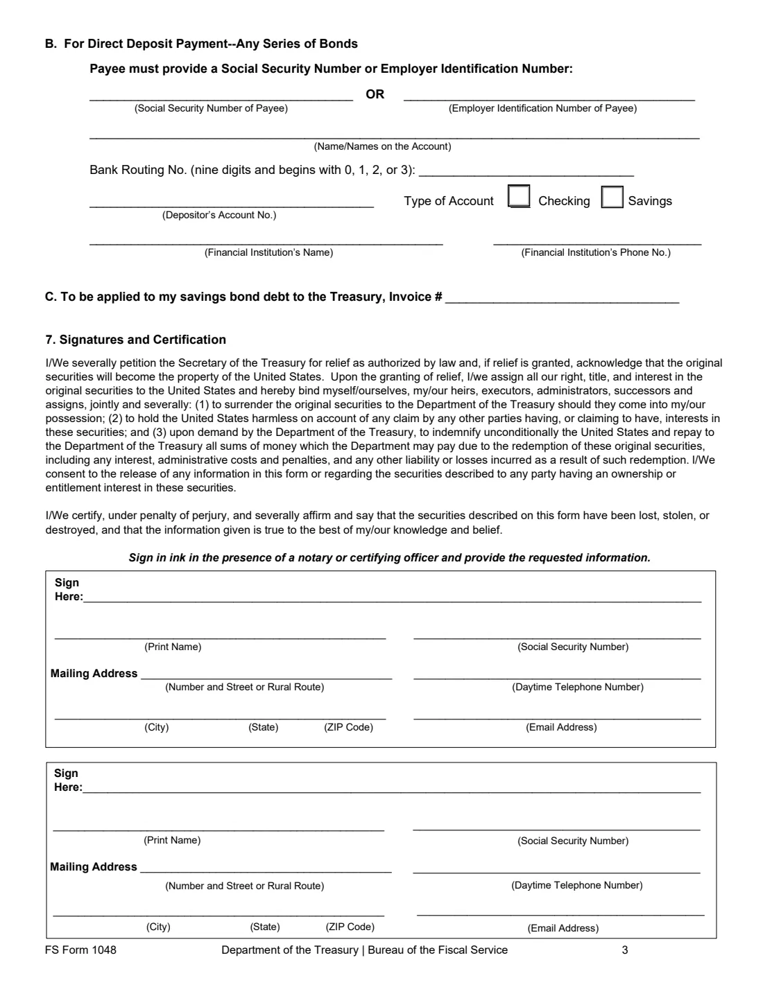 FS Form 1048 (2026) Claim for Lost, Stolen, or Destroyed United States Savings Bonds — page 3 of 6