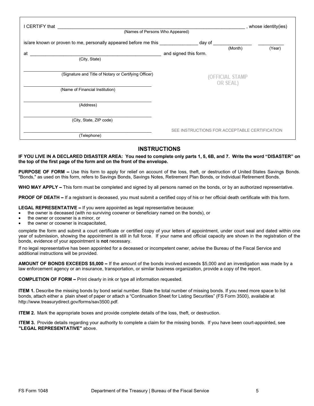 FS Form 1048 (2026) Claim for Lost, Stolen, or Destroyed United States Savings Bonds — page 5 of 6
