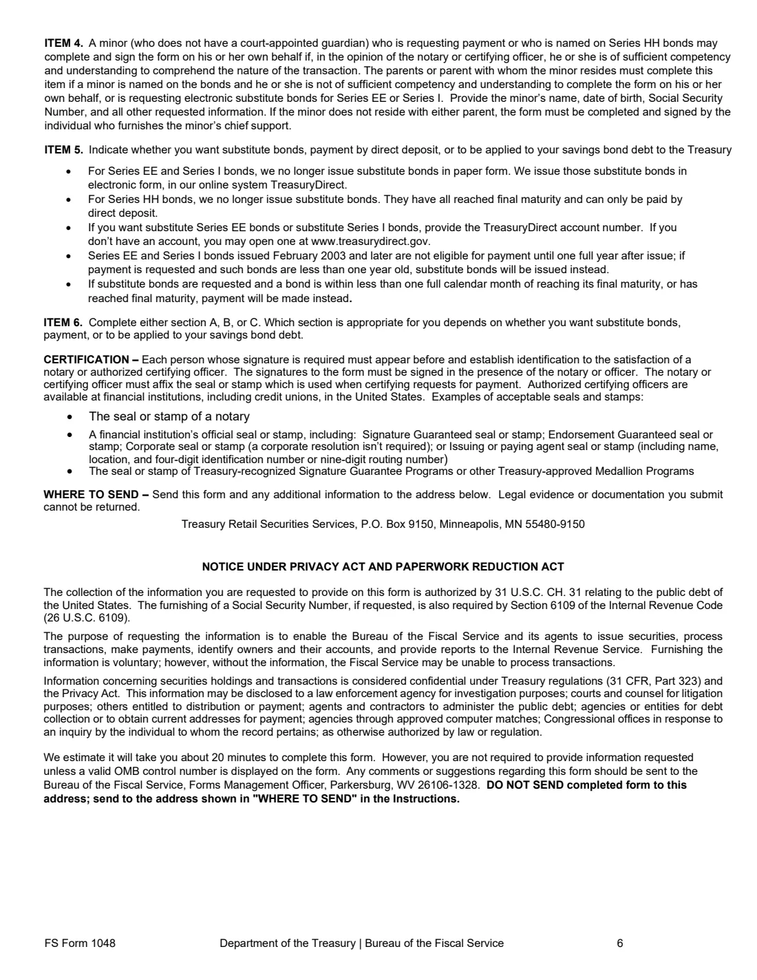 FS Form 1048 (2026) Claim for Lost, Stolen, or Destroyed United States Savings Bonds — page 6 of 6